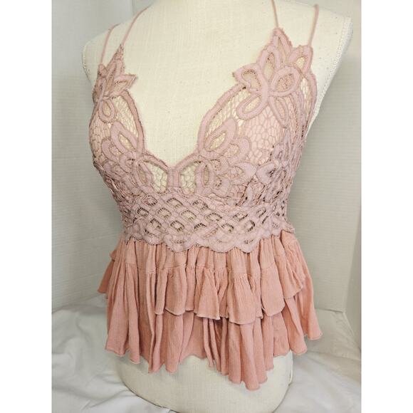 Free People Tops - Free People Adella Cami Tank Top Womens M Mauve Lace Boho Tiered Flowy Romantic